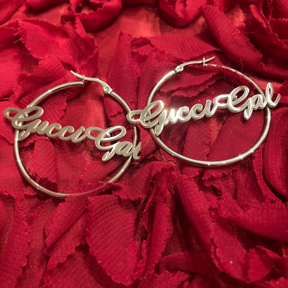 GucciGal Custom Made Silver Script Hoop Earrings - Picture 1 of 6